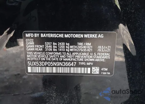 2022 BMW X3 xDrive30I from USA, damaged, VIN 5UX53DP05N9N36647